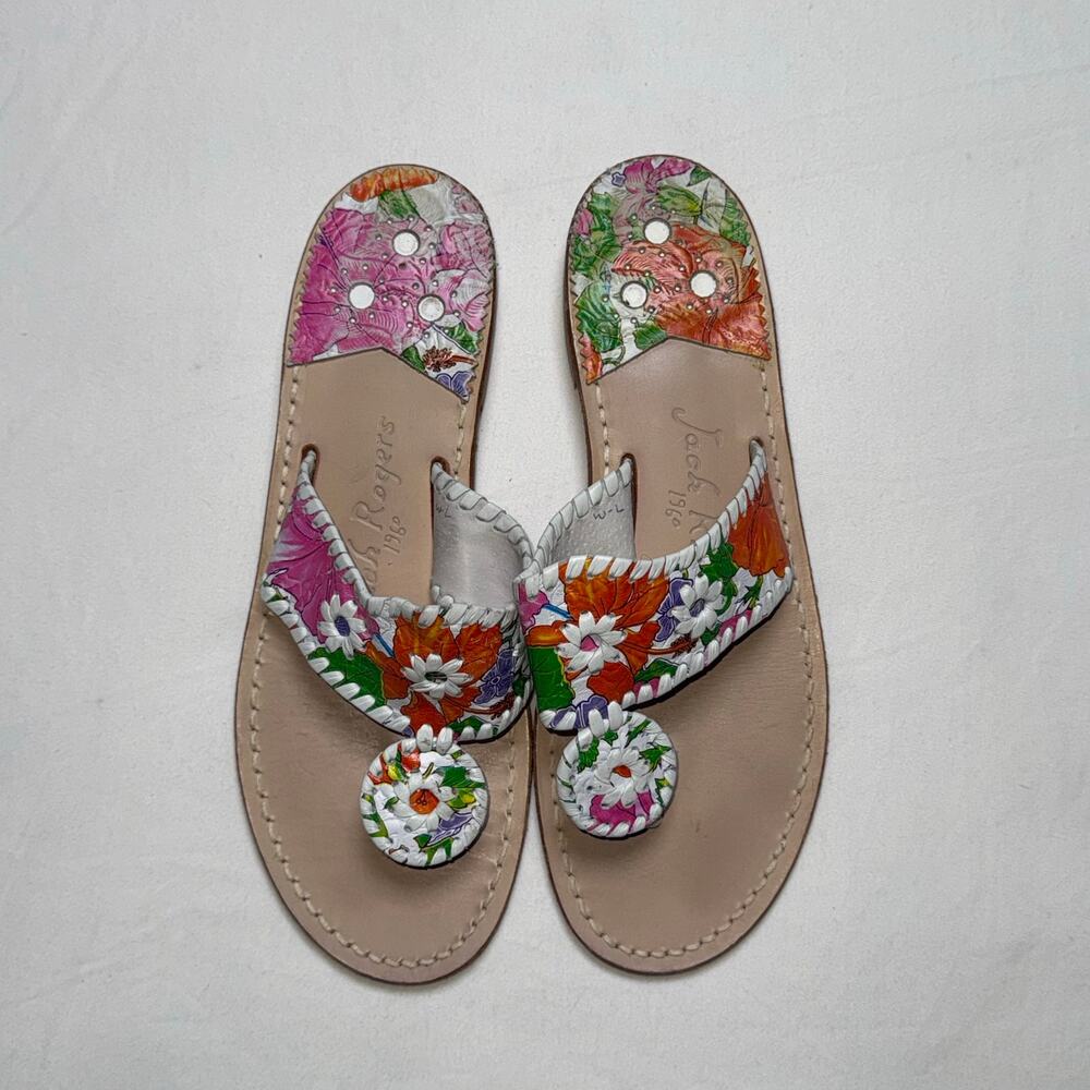 Jack Rogers Navajo Floral Flat Fabric Leather Thong Flip Flop Multi Color Size 7